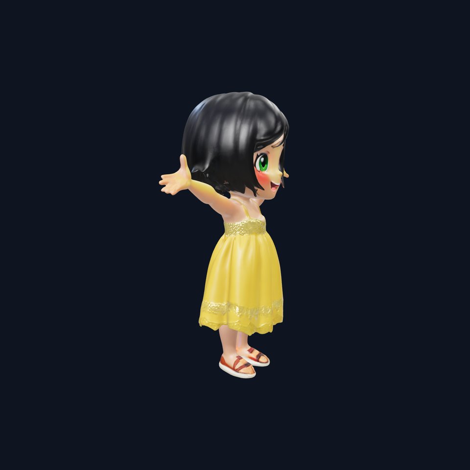 Cute Chibi Girl D Model with Yellow Dress and Green Eyes